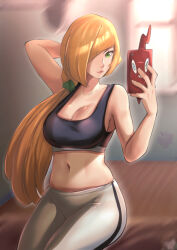 Rule 34 | 1girl, alternate costume, arm behind head, blonde hair, blurry, blurry background, breasts, cellphone, collarbone, commentary, crop top, english commentary, eyelashes, gen 4 pokemon, green eyes, grey pants, hair over one eye, highres, holding, holding phone, large breasts, long hair, lusamine (pokemon), mature female, navel, nintendo, pants, phone, pink lips, pokemon, pokemon sm, rinku bny, rotom, rotom phone, signature, sitting, smartphone, solo, watermark, yoga pants