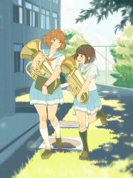 2girls 55bata6rou black_hair black_socks blue_sailor_collar blue_skirt brown_eyes brown_hair closed_mouth day full_body grass green_neckerchief hibike!_euphonium highres hisaishi_kanade holding holding_instrument instrument kitauji_high_school_uniform loafers looking_at_another multiple_girls neckerchief open_mouth oumae_kumiko outdoors pleated_skirt red_neckerchief sailor_collar school school_uniform shirt shoes short_hair short_sleeves skirt smile socks standing summer summer_uniform tree tuba walking white_shirt white_socks