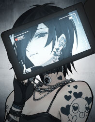 1girl bare_shoulders black_collar black_eyes black_gloves black_hair black_nails bracelet breasts broken_heart chain chain_necklace cleavage closed_mouth collar ear_piercing earrings fingerless_gloves gloves goth_fashion grey_background hair_over_one_eye heart heart_earrings heart_necklace highres jewelry looking_at_viewer medium_breasts nail_polish necklace original piercing recording shirt short_hair shoulder_tattoo sleeveless sleeveless_shirt smile solo spikes sushi_pizza_rrr tattoo upper_body video_camera