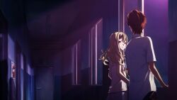 1boy 1girl belt_pouch blonde_hair blue_pants blue_shorts chuo_tanegashima_high_school_uniform closed_mouth collared_shirt dim_lighting door exit_sign fireworks from_behind from_side fukuda_tomonori game_cg hair_between_eyes hair_down highres indoors koujiro_frau lace-trimmed_tank_top lace_trim looking_at_another looking_to_the_side loungewear narrowed_eyes night non-web_source official_art on_windowsill pants pouch red_hair robotics;notes school_uniform shirt short_sleeves shorts sidelocks smile tank_top white_shirt white_tank_top windowsill yashio_kaito yellow_eyes