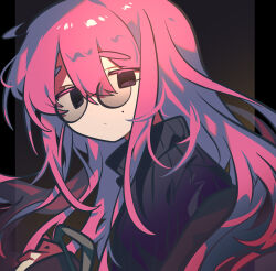 1girl absurdres black_eyes black_sweater brown_background closed_mouth colored_eyelashes dot_nose empty_eyes expressionless genderswap genderswap_(mtf) hair_between_eyes happy_tree_friends highres long_hair looking_at_viewer mole mole_under_eye no_pupils omoyu_(nakyu715) outside_border personification pillarboxed pink_hair ribbed_sweater round_eyewear semi-rimless_eyewear simple_background solo sweater the_mole_(happy_tree_friends) turtleneck turtleneck_sweater upper_body