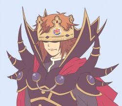 1boy :i armor blue_background breastplate brown_hair burger_king cape closed_mouth crown expressionless highres ichigokitten male_focus multicolored_hair red_cape short_hair simple_background solo supreme_king_(yu-gi-oh!_gx) two-tone_hair upper_body yu-gi-oh! yu-gi-oh!_gx yuki_judai
