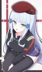 1girl absurdres black_jacket black_thighhighs blunt_bangs breasts clover_hair_ornament german_flag girls&#039;_frontline girls&#039;_frontline_2:_exilium green_eyes grey_hair griffin_&amp;_kryuger_logo hair_ornament hat highres hk416_(girls&#039;_frontline) jacket klukai_(girls&#039;_frontline_2) large_breasts long_hair long_sleeves looking_at_viewer open_mouth red_hat sidelocks skindentation solo teardrop_facial_mark thighhighs uchikata_takeaki