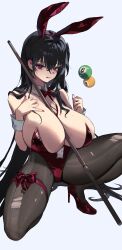 1girl absurdres animal_ears azur_lane ball bare_shoulders between_breasts billiard_ball black_hair black_pantyhose bow bowtie breasts commentary cue_stick detached_collar fake_animal_ears hair_between_eyes high_heels highres huge_breasts leotard licking_lips long_hair looking_at_viewer official_alternate_costume on_one_knee pantyhose playboy_bunny rabbit_ears red_bow red_bowtie red_eyes red_leotard red_shoes shoes simple_background solo taihou_(azur_lane) taihou_(fun_on_the_baize)_(azur_lane) thigh_bow tongue tongue_out torn_clothes torn_pantyhose tototo_sarada white_background wrist_cuffs