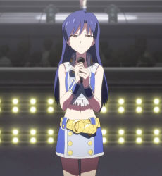 1girl audience belt blue_hair brown_eyes female_focus highres idolmaster idolmaster_(classic) kisaragi_chihaya microphone performance skirt solo stage standing