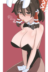 1girl animal_ears black_bow black_bowtie black_leotard blush bow bowtie breasts brown_hair brown_pantyhose cigarette cleavage closed_mouth collar commentary cookie_(touhou) cowboy_shot detached_collar expressionless fake_animal_ears frilled_bow frilled_hair_tubes frills gloves grey_eyes hair_bow hair_tubes hakurei_reimu highres large_breasts leotard looking_down maru_(cookie) pantyhose playboy_bunny pyukasshori rabbit_ears red_background red_bow shaded_face short_hair sidelocks smoking solo strapless strapless_leotard touhou two-tone_background white_background white_collar white_gloves