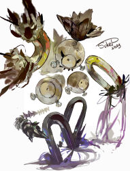 1other 2023 absurdres dated electricity expressionless extra_eyes gen_9_pokemon highres joints looking_at_viewer nintendo no_mouth pokemon pokemon_(creature) sandy_shocks simple_background solo spikes sukepmonster