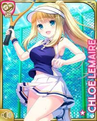 1girl :d ball blonde_hair blue_eyes blue_shirt bow breasts card_(medium) character_name chloe_lemaire girlfriend_(kari) long_hair medium_breasts official_art open_mouth qp:flapper racket red_bow shirt skirt smile socks solo standing tagme tennis_ball tennis_court tennis_racket v-shaped_eyebrows white_skirt white_socks