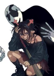 1boy 1girl animal_ears antlers baseball_bat black_boots black_hair black_socks boots commentary december_holiday deer_antlers deer_ears deer_girl deltarune furry furry_female green_shirt hand_on_own_head hashtag-only_commentary highres horns jewelry kimeioi necklace off-shoulder_shirt off_shoulder open_mouth ponytail red_skirt shirt skeleton skirt smile socks w.d._gaster