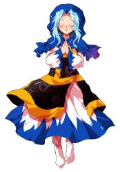 1girl alphes_(style) blue_hair blue_hood blush clenched_hands closed_eyes commentary_request crying dairi dress frills full_body hands_up highres holding hood hood_up hoop jewelry kesa kumoi_ichirin large_variant_set long_hair long_sleeves multicolored_dress necklace own_hands_clasped own_hands_together parody pendant smile socks solo standing style_parody tachi-e touhou transparent_background variant_set wide_sleeves