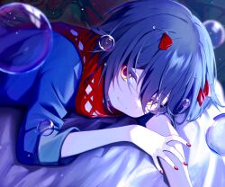 1boy androgynous blue_hair blue_shirt blue_theme bubble colored_eyelashes dodonpa_tuyoi hair_between_eyes highres looking_at_viewer lying male_focus mashiro_meme mashiro_meme_(1st_costume) nijisanji on_stomach pale_skin red_nails safety_pin_hair_ornament scarf shirt smile solo trap virtual_youtuber yellow_eyes