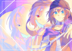Rule 34 | 3others, androgynous, arde (len&#039;en), bags under eyes, bandana, bare shoulders, benny (len&#039;en), black bandana, black eyes, blue eyes, bright pupils, brown hair, cape, choker, cine hamal, closed mouth, collarbone, colorful background, expressionless, eye brooch, eye of senri, eyelashes, hair between eyes, half-closed eyes, happy, highres, jacket, kuzu suzumi, len&#039;en, light blush, light frown, looking at viewer, medium hair, multiple others, multiple persona, no mouth, offering hand, open clothes, open jacket, orange jacket, other focus, outstretched hand, pastel colors, pointy nose, purple cape, re1re133, red eyes, red pupils, shirt, sleeveless, sleeveless jacket, sleeveless shirt, smile, turban, upper body, white choker, white shirt