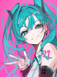 1girl 39 blue_eyes blue_hair collared_shirt commentary_request detached_sleeves earrings grin hatsune_miku highres jewelry long_hair long_sleeves looking_at_viewer miku_day nail_polish pokimari shirt sketch sleeveless sleeveless_shirt smile solo twintails upper_body vocaloid w