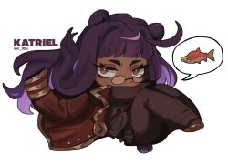 1girl animal_ears bear_ears bear_tail black_jacket black_pants brown_eyes chibi coat coat_on_shoulders fish highres jacket katriel_(project_moon) legs_up library_of_ruina looking_at_viewer ny_000a pants project_moon purple_hair red_coat salmon sidelocks simple_background solo spoken_animal tail white_background