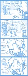 4girls 4koma blue_theme blush cast comic commentary crutch english_text floating flying_sweatdrops hat injury kaku_seiga littleshrimp monochrome mononobe_no_futo multiple_girls open_mouth sinkerghost skirt soga_no_tojiko thinking touhou toyosatomimi_no_miko