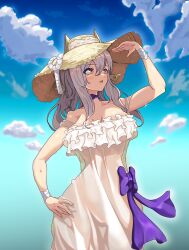 1girl bare_arms bare_shoulders blue_sky breasts cloud day dress goddess_of_victory:_nikke grey_hair hair_between_eyes hand_on_headwear hat highres large_breasts long_hair nayamer outdoors scarlet_(nikke) see-through_silhouette shiny_skin sky sleeveless sleeveless_dress spaghetti_strap standing straw_hat sun_hat sundress sweat white_dress yellow_eyes