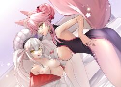 2girls animal_ears ass bare_shoulders breasts china_dress chinese_clothes commission dress fate/grand_order fate_(series) fox_ears fox_girl fox_tail glasses gradient_hair grey_hair hat highres jacket koyanskaya_(chinese_lostbelt_outfit)_(fate) koyanskaya_(fate) large_breasts long_hair long_sleeves looking_at_viewer marie_antoinette_(fate) marie_antoinette_alter_(fate) marie_antoinette_alter_(first_ascension)_(fate) medium_breasts multicolored_hair multiple_girls nipples open_mouth pixiv_commission ri-ko smile tail tamamo_(fate) two_side_up white_hat white_jacket yellow_eyes