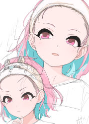 Rule 34 | 1girl, alternate hairstyle, aqua hair, closed mouth, forehead, hand up, highres, idolmaster, idolmaster cinderella girls, kakki (kackie), looking to the side, medium hair, multicolored hair, multiple views, open mouth, pink eyes, pink hair, shirt, simple background, sketch, two-tone hair, upper body, v-shaped eyebrows, white background, white shirt, yumemi riamu