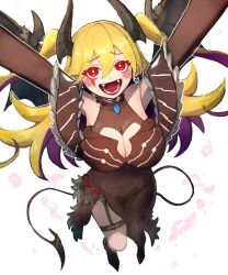 1girl arms_up blonde_hair breasts brown_dress chest_jewel cleavage dress duel_monster fangs full_body ishii_(young-moon) lacrima_the_crimson_tears large_breasts long_hair multicolored_hair open_mouth purple_eyes red_eyes simple_background solo streaked_hair two-tone_hair two_side_up white_background yu-gi-oh!