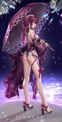 1girl absurdres ass backless_outfit blush bow breasts commentary cowboy_shot detached_sleeves footwear_bow grey_sandals high_heels highres holding holding_umbrella honkai:_star_rail honkai_(series) kafka_(honkai:_star_rail) large_breasts long_hair long_sleeves looking_at_viewer parted_lips pink_lips ponytail purple_bow purple_eyes purple_hair ringeko-chan sandals smile solo standing thighs umbrella white_umbrella