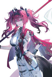 Rule 34 | 1girl, absurdres, armor, black bow, bodysuit, bow, breastplate, breasts, collar, cowboy shot, echj, hair bow, hair ornament, hairband, hand on own hip, headgear, highres, holding, holding polearm, holding weapon, large breasts, long hair, looking at viewer, lupa (wuthering waves), metal collar, metal hairband, missing commentary, multiple hair bows, parted lips, pink hair, polearm, red pupils, red sash, revision, sash, simple background, smile, solo, tacet mark (wuthering waves), tail, twintails, weapon, white background, white bodysuit, wolf tail, wuthering waves, yellow eyes