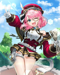 1girl absurdres aqua_eyes bare_shoulders belt black_ribbon bow bowtie breasts charlotte_(genshin_impact) commentary_request detached_sleeves feathers genshin_impact gloves hand_up hat highres jewelry long_sleeves looking_at_viewer medium_breasts medium_hair miniskirt monocle newsboy_cap newspaper one_eye_closed open_mouth pink_hair q_meu red_hat ribbon shirt skirt smile solo thick_thighs thigh_strap thighs v white_belt white_feathers white_gloves white_shirt