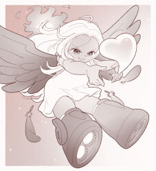 1girl ahoge angel_wings black_wings boots border child closed_mouth devil_fruit_power dress earrings feathered_wings feathers female_focus fire full_body gradient_background greyscale heart highres jewelry long_hair monochrome one_piece outside_border outstretched_arms s-snake sayonara_vespa sleeveless sleeveless_dress snake_earrings solo star-shaped_pupils star_(symbol) symbol-shaped_pupils white_border wings