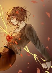 1girl absurdres black_pants brown_eyes brown_hair camellia clenched_teeth cowboy_shot dongbaek_(project_moon) flower golden_bough_(limbus_company) grey_jacket highres jacket limbus_company long_sleeves pants project_moon qiujia red_flower shirt solo stab teeth white_shirt wide-eyed