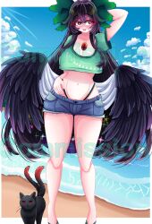 1girl absurdres arm_behind_head beach black_hair blue_shorts blue_sky blush bow cat commentary commission denim denim_shorts english_commentary green_bow green_shirt hair_bow hair_flaps highres kaenbyou_rin kaenbyou_rin_(cat) long_hair looking_to_the_side midriff nanaii_desu navel open_mouth outdoors red_eyes reiuji_utsuho shirt short_shorts shorts sky standing touhou