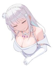 1girl absurdres bare_shoulders blunt_bangs blush braid breasts chinese_commentary cleavage closed_eyes closed_mouth collarbone commentary cropped_torso dress elbow_gloves emilia_(re:zero) eyelashes eyeshadow flower gloves hair_flower hair_ornament hair_over_shoulder hair_ribbon highres jewelry large_breasts long_hair makeup necklace off-shoulder_dress off_shoulder pink_eyeshadow pointy_ears purple_ribbon re:zero_kara_hajimeru_isekai_seikatsu ribbon sidelocks simple_background smile solo songsong split_mouth straight_hair twin_braids upper_body wedding_dress white_dress white_flower white_gloves white_hair