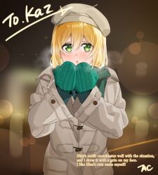 1girl :o blonde_hair coat commentary_request commission english_text green_eyes green_mittens green_sweater grey_coat hair_between_eyes long_sleeves mittens original parted_lips skeb_commission solo sweater taku_pi