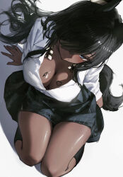 1girl absurdres animal_ears black_hair black_skirt black_socks blue_eyes breasts cleavage commentary dark-skinned_female dark_skin downblouse english_commentary from_above greedice hair_over_one_eye highres legs_together light_blush long_hair looking_at_viewer medium_breasts original parted_bangs partially_unbuttoned saitias_(greedice) shirt skirt socks solo tail very_long_hair white_background white_shirt