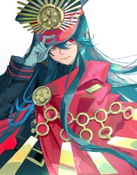 1girl absurdres adjusting_eyewear black_hair black_jacket cape closed_mouth fate/grand_order fate_(series) gloves hat highres jacket long_hair long_sleeves looking_at_viewer oda_nobunaga_(fate) oda_nobunaga_(koha-ace) oda_uri peaked_cap red_cape red_eyes simple_background smile solo star_(user_hnnj2442) upper_body white_background white_gloves