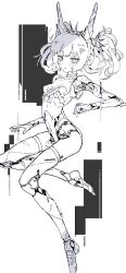 Rule 34 | 1girl, absurdres, android, breasts, commentary request, earrings, expressionless, full body, headgear, highres, jewelry, jnt, leotard, long hair, looking at viewer, mechanical arms, mechanical legs, monochrome, original, small breasts, solo