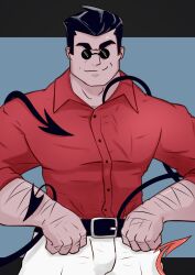 1boy arm_hair belt black_belt black_hair blue_background byhandsofthedragon demon_tail helltaker helltaker_(character) highres looking_at_viewer pants red_shirt round_eyewear shirt smug sunglasses tail tail_wrap white_pants