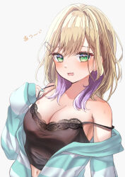 1girl aqua_hoodie aqua_nails bare_shoulders black_camisole blonde_hair blush breasts camisole cleavage colored_inner_hair fang green_eyes hair_ornament hairclip highres hood hoodie kurumi_noah kurumi_noah_(6th_costume) lace-trimmed_camisole lace_trim large_breasts long_hair long_sleeves looking_at_viewer loungewear midriff multicolored_hair navel off_shoulder open_clothes open_hoodie open_mouth purple_hair skin_fang sleeves_past_wrists solo strap_lift strap_slip striped_clothes striped_hoodie sweat tenkey_toko upper_body virtual_youtuber vspo! white_background