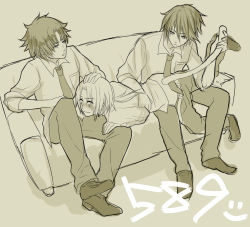 00s 1990s_(style) 3boys blush bartz_klauser dissidia_final_fantasy final_fantasy final_fantasy_ix final_fantasy_v final_fantasy_viii group_sex male_focus monochrome multiple_boys necktie rape squall_leonhart sweatdrop tail undressing yaoi you_gonna_get_raped zidane_tribal
