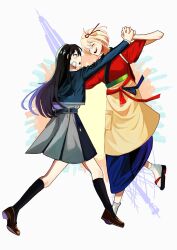 2girls ^_^ absurdres black_hair black_socks blonde_hair blue_jacket closed_eyes dancing full_body hashtag-only_commentary highres holding_hands inoue_takina jacket japanese_clothes kimono loafers long_hair looking_at_another lycoris_recoil lycoris_uniform multiple_girls nishikigi_chisato pleated_skirt ponzuponta39 red_kimono sandals shoes short_hair skirt smile socks tabi white_socks