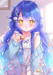 absurdres ahoge amamiya_kokoro amamiya_kokoro_(6th_costume) bell blue_hair blush choker collarbone commentary fang food hair_between_eyes hair_ornament highres incoming_food kneeling long_hair looking_at_viewer macaron matcha_november neck_bell nijisanji open_mouth skin_fang valentine very_long_hair virtual_youtuber worried x_hair_ornament yellow_eyes