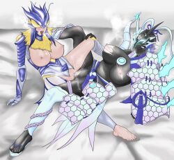 absurdres armor armored_gloves arthropod_girl bed bed_frame bed_sheet bedroom blue_eyes blue_hair breasts bug butterfly coat covered_eyes crossover digimon digimon_story:_cyber_sleuth digimon_story:_cyber_sleuth_hacker&#039;s_memory dragon dragon_girl dragon_tail feet female_ejaculation female_focus female_orgasm fur-trimmed_coat fur_trim gosunpa hands_on_legs helmet helmet_over_eyes highres hudiemon insect insect_wings large_breasts nipples open_mouth orgasm pussy pussy_juice pussy_on_pussy pussy_rub rubbing sandals sex short_hair swordsoul_(yu-gi-oh!) swordsoul_of_mo_ye tail thick_thighs thighhighs thighs tribadism wings yu-gi-oh! yuri