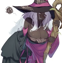1girl bare_shoulders black_dress black_skin breasts cleavage colored_skin dark-skinned_female dark_skin dress elden_ring elden_ring_nightreign hat highres holding huge_breasts large_breasts large_hat long_hair looking_at_viewer purple_hat recluse_(elden_ring) simple_background solo very_dark_skin vinsycal white_hair witch witch_hat