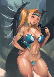 1girl abs armor bikini bikini_armor blonde_hair blue_eyes blush breasts choker cleavage f.s. female_focus hand_on_own_hip hip_focus holding large_breasts muscular nail_polish navel no_panties original short_twintails solo swimsuit thighs twintails underwear underwear_only
