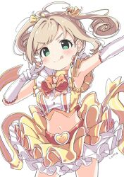 1girl :q ahoge blonde_hair bow bowtie breasts brooch choker closed_mouth cowboy_shot crop_top earrings elbow_gloves gloves green_eyes hair_bow hair_ornament heart heart_brooch heart_earrings heart_hair_ornament idolmaster idolmaster_cinderella_girls jewelry kuresuku_(lessons) midriff navel orange_bow orange_bowtie outstretched_arm sato_shin shirt sidelocks skirt smile solo swept_bangs tongue tongue_out twintails v white_background white_gloves yellow_bow yellow_choker yellow_shirt yellow_skirt