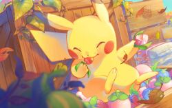 Rule 34 | artist request, berry (pokemon), closed eyes, crate, eating, food, fruit, gen 1 pokemon, holding, holding food, holding fruit, leaf, leppa berry, nintendo, no humans, oran berry, pecha berry, pikachu, pokemon, pokemon (creature), pokemon focus, pokemon tcg, second-party source, sitting, smile