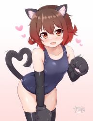 1girl animal_ears animal_hands black_gloves black_thighhighs blue_one-piece_swimsuit breasts brown_hair cat_ears cat_tail covered_navel elbow_gloves gloves gradient_hair hair_between_eyes heart heart_tail highres kantai_collection leaning_forward looking_at_viewer multicolored_hair mutsuki_(kancolle) one-piece_swimsuit paw_gloves red_eyes red_hair school_swimsuit short_hair small_breasts swimsuit tail thighhighs zanne