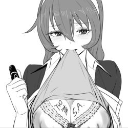 10s 1girl absurdres ashigara_(kancolle) ashigara_kai_ni_(kancolle) blush breasts cleavage clothes_in_mouth clothes_lift commentary female_focus gloves greyscale hair_between_eyes hairband highres jacket kantai_collection long_hair looking_to_the_side marker monochrome mouth_hold open_clothes open_jacket shadow shirt_in_mouth shirt_lift sidelocks solo tocky translated upper_body white_background