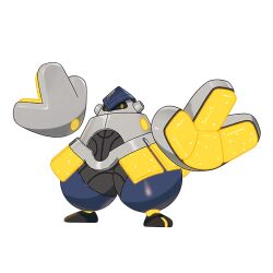 artist_request black_sclera colored_sclera full_body iron_hands_(pokemon) large_hands nintendo official_art outline pixel_eyes pokemon pokemon_(creature) pokemon_focus pokemon_sv rayman_limbs robot solo standing third-party_source transparent_background white_outline yellow_eyes