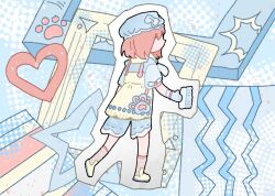 1girl apron ascot blue_ascot blue_background blue_bow blue_gloves blue_hat blue_shirt blue_shorts boots border bow bubble_print bye-bye_dust_(infinity_nikki) chinese_commentary closed_eyes commentary_request flat_color frilled_headwear from_side full_body gloves hair_brush hat hat_bow heart holding holding_hair_brush infinity_nikki kneehighs light_particles medium_hair mob_cap nan_ta_tianli_baibai nikki_(series) no_mouth paw_print pink_hair pink_socks pocket pointy_nose pom_pom_hat_ornament puffy_short_sleeves puffy_sleeves ribbon-trimmed_shorts ribbon_trim scarf shirt short_sleeves shorts sleeve_bow socks solo standing white_border white_scarf yellow_apron yellow_boots