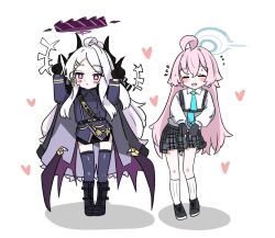 2girls ahoge black_boots black_gloves black_horns black_shoes black_skirt blue_archive blue_halo blue_jacket blue_necktie blue_thighhighs boots closed_eyes closed_mouth commentary demon_girl demon_horns demon_wings e_v_e_neko gloves halo heart highres hina_(blue_archive) horns hoshino_(blue_archive) index_fingers_raised internet_yamero jacket long_hair long_sleeves miniskirt multiple_girls necktie pink_hair plaid_clothes plaid_skirt pleated_skirt purple_eyes purple_halo purple_wings shirt shoes skirt socks thighhighs very_long_hair white_hair white_shirt white_socks wings