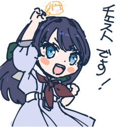 2girls :d blue_dress blue_eyes blue_hair blush_stickers chesto_(phrase) chibi chibi_inset clenched_hands commentary cowboy_shot deformed dress green_ribbon hair_intakes hair_ribbon hasu_no_sora_school_uniform kachimachi_kosuzu link!_like!_love_live! long_hair love_live! medium_dress multiple_girls murano_sayaka neckerchief open_mouth pleated_dress puffy_short_sleeves puffy_sleeves raised_fist red_neckerchief ribbon sailor_collar sailor_dress school_uniform shinanoya_(satanicad) short_sleeves simple_background smile summer_uniform triangle_mouth virtual_youtuber white_background white_sailor_collar |_|